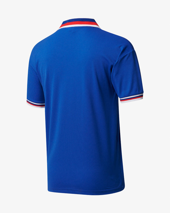 Back view of blue Rangers 1981 Cup Final replica shirt with white trim on collar and cuffs