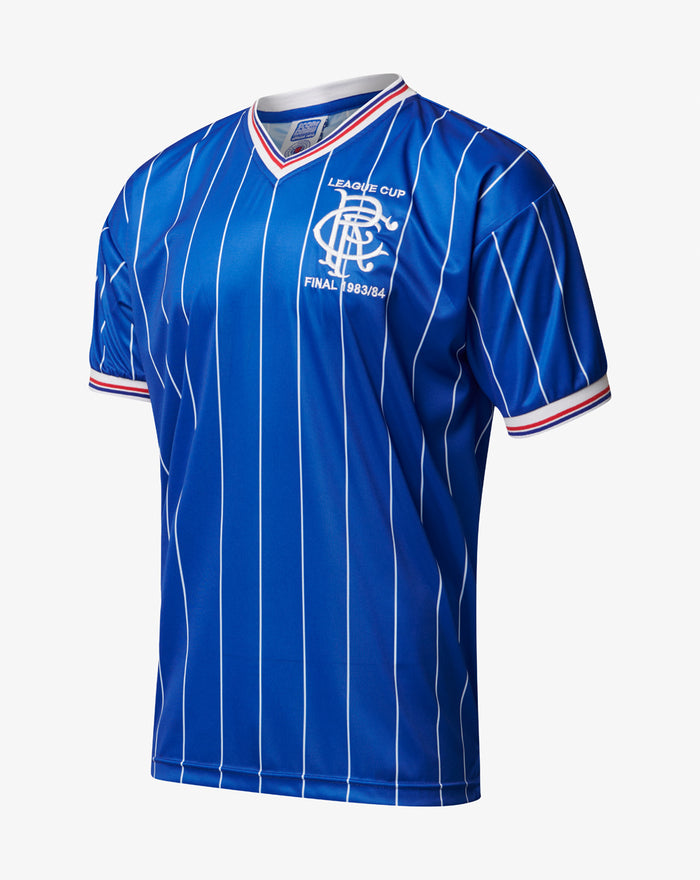 Blue Rangers 1984 Scottish League Cup Final shirt with white vertical pinstripes and red white trimmed collar.