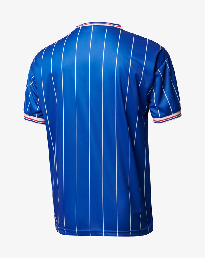 Back view of blue Rangers 1984 Scottish League Cup Final shirt with white vertical pinstripes.