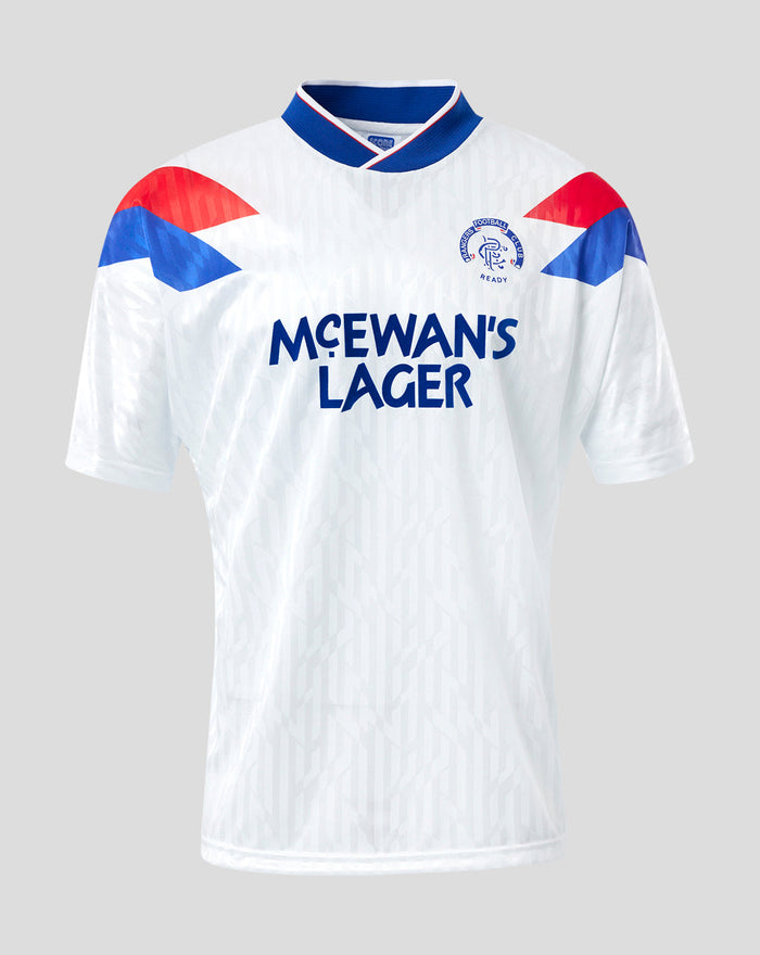 White Rangers 1990 away shirt with blue collar red and blue shoulder accents and McEwan's Lager logo