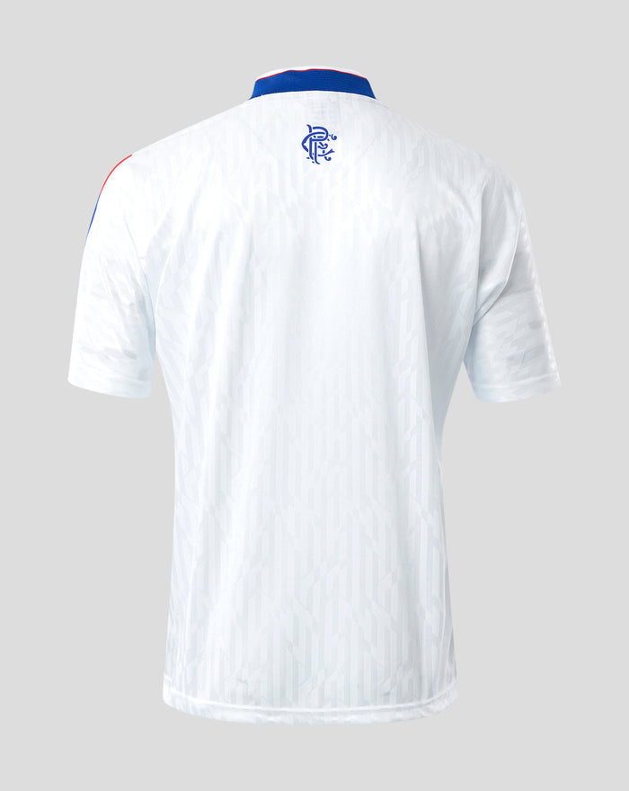 Back view of white Rangers away shirt with subtle geometric pattern and small blue club crest at the upper back