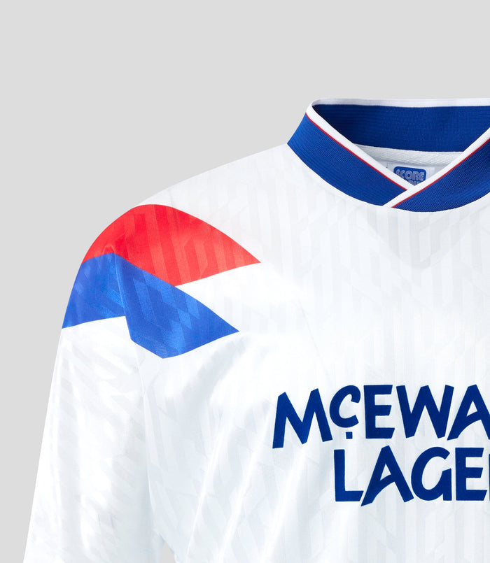 Close-up of white Rangers away shirt collar in blue with white and red trim, showing shoulder chevron detail and crest