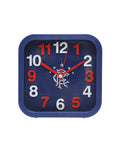 Blue square alarm clock with red and white numerals and a central white logo