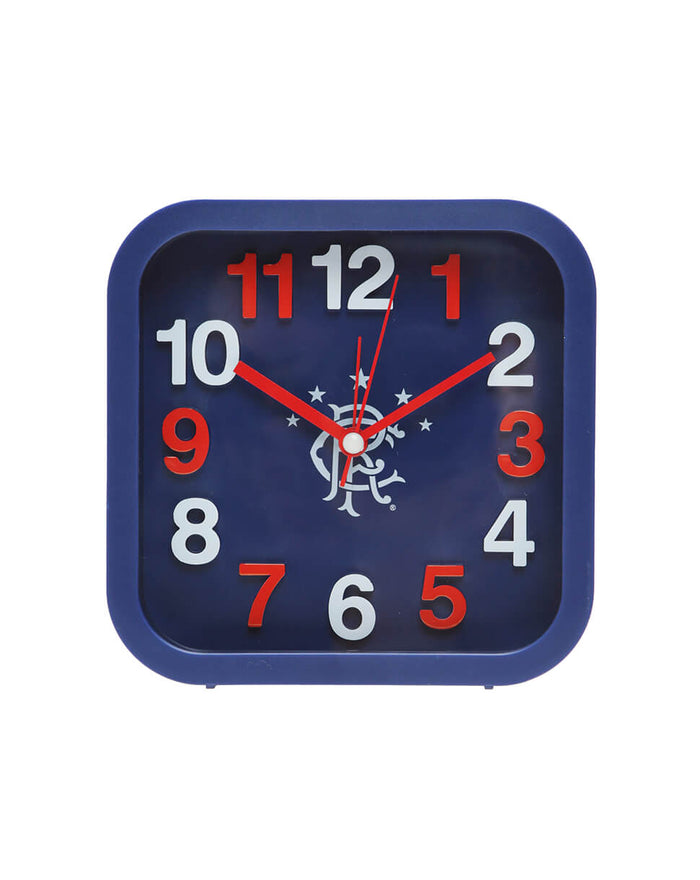 Blue square alarm clock with red and white numerals and a central white logo