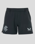 Back view of black travel shorts with crest emblem on left leg and CASTORE wing logo on the right