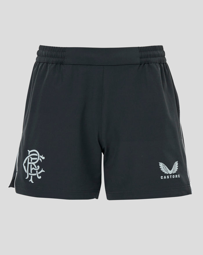 Back view of black travel shorts with crest emblem on left leg and CASTORE wing logo on the right