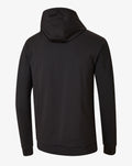 Back view of black hooded sweatshirt with hood up and clean silhouette