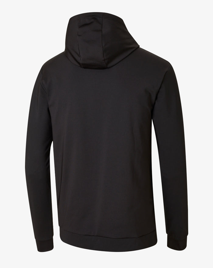 Back view of black hooded sweatshirt with hood up and clean silhouette