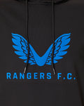 Close-up of chest on black hoodie showing blue wing logo and Rangers F.C. text