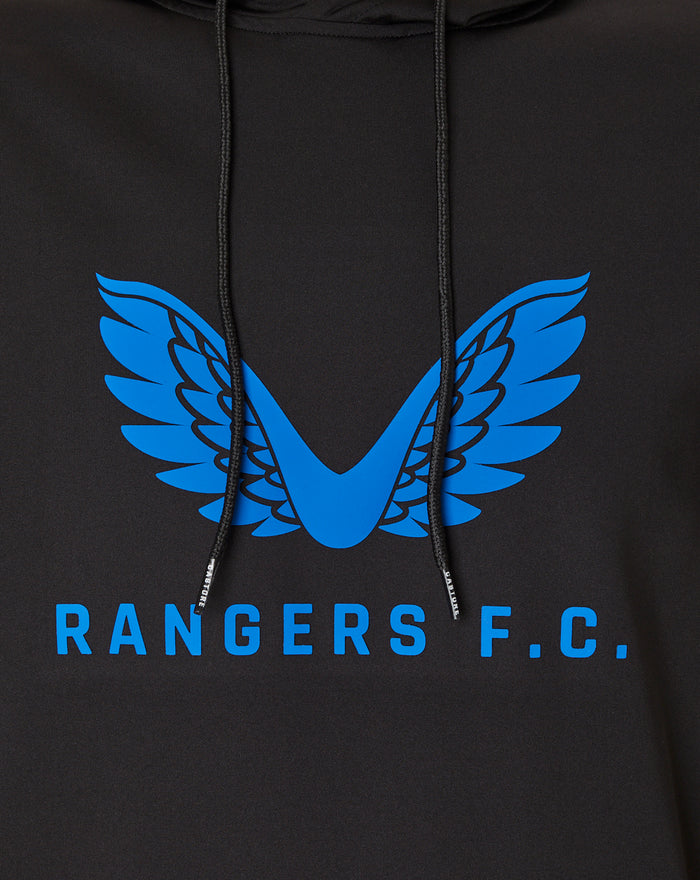 Close-up of chest on black hoodie showing blue wing logo and Rangers F.C. text