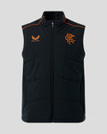Front view of a black Rangers Matchday gilet with orange piping and crest logo on the chest.