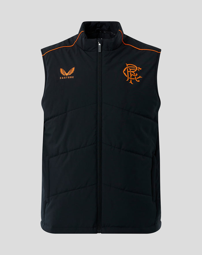 Front view of a black Rangers Matchday gilet with orange piping and crest logo on the chest.