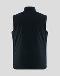 Back view of a black Rangers Matchday gilet with blue piping along the shoulders.