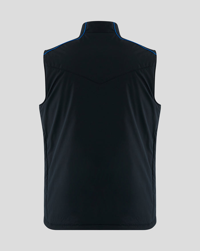 Back view of a black Rangers Matchday gilet with blue piping along the shoulders.