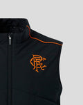 Front view of a black Rangers Matchday Gilet with orange piping and the club crest on the chest.