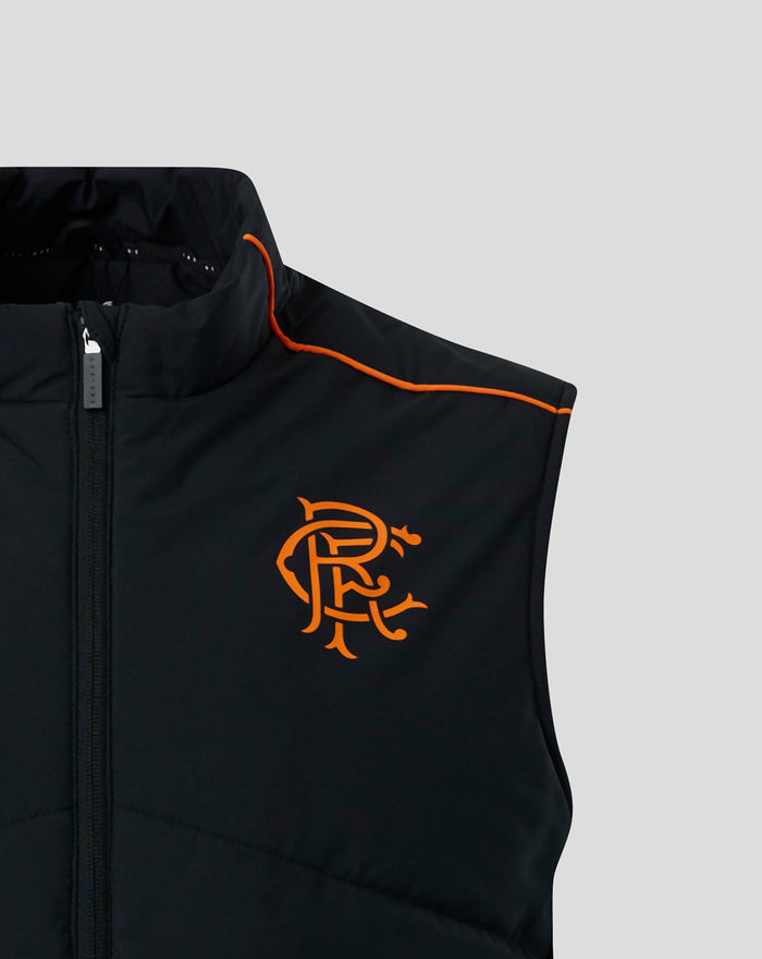 Front view of a black Rangers Matchday Gilet with orange piping and the club crest on the chest.