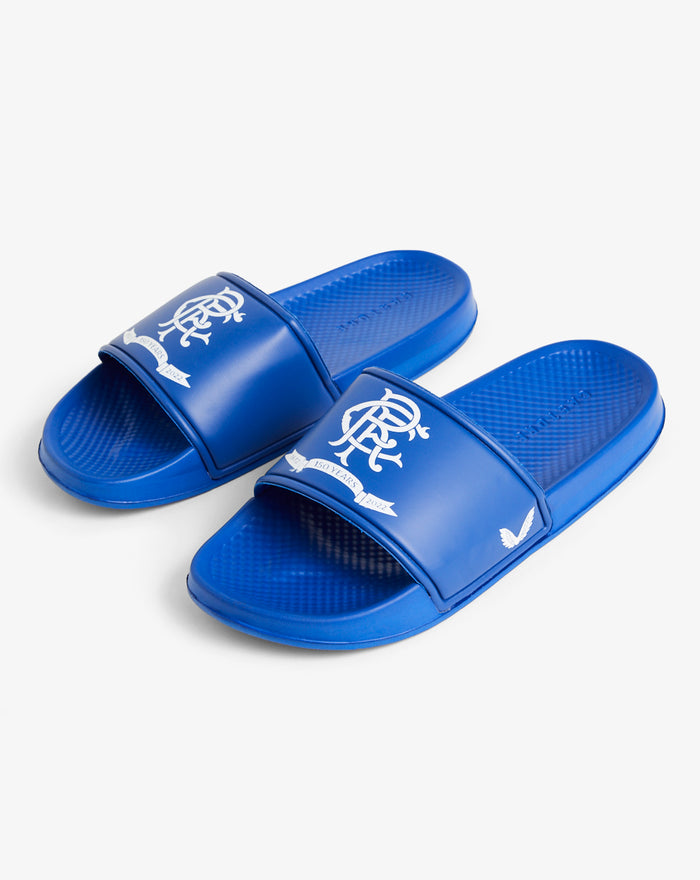 Blue RFC Rangers slider sandals with white crest and ribbon emblem on the strap