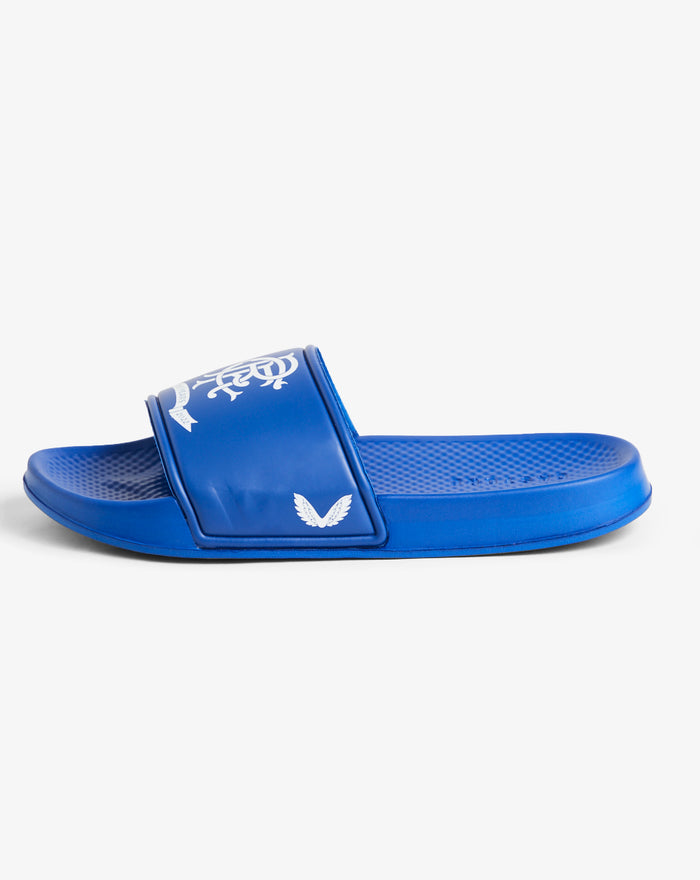 Side view of blue RFC Rangers slider with white emblem on the strap