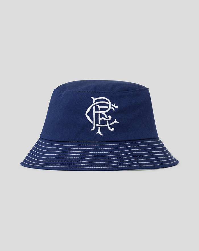 Navy cotton twill bucket hat with a white embroidered logo on the front