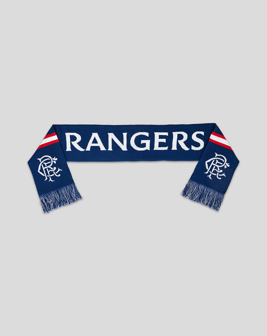 Rangers blue knitted scarf with bold RANGERS lettering and fringed ends