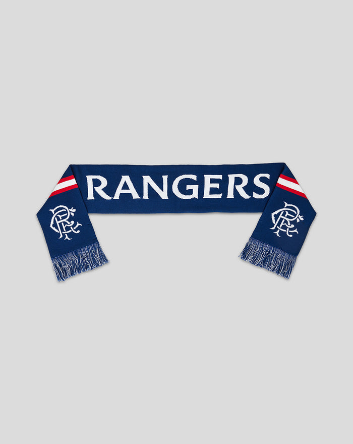 Rangers blue knitted scarf with bold RANGERS lettering and fringed ends